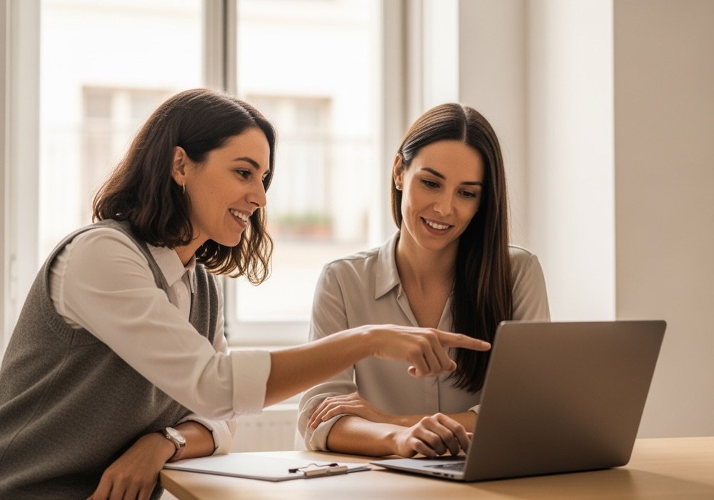 Dos coordinadoras de ayuda a domicilio resolviendo una consulta juntas frente a un portátil